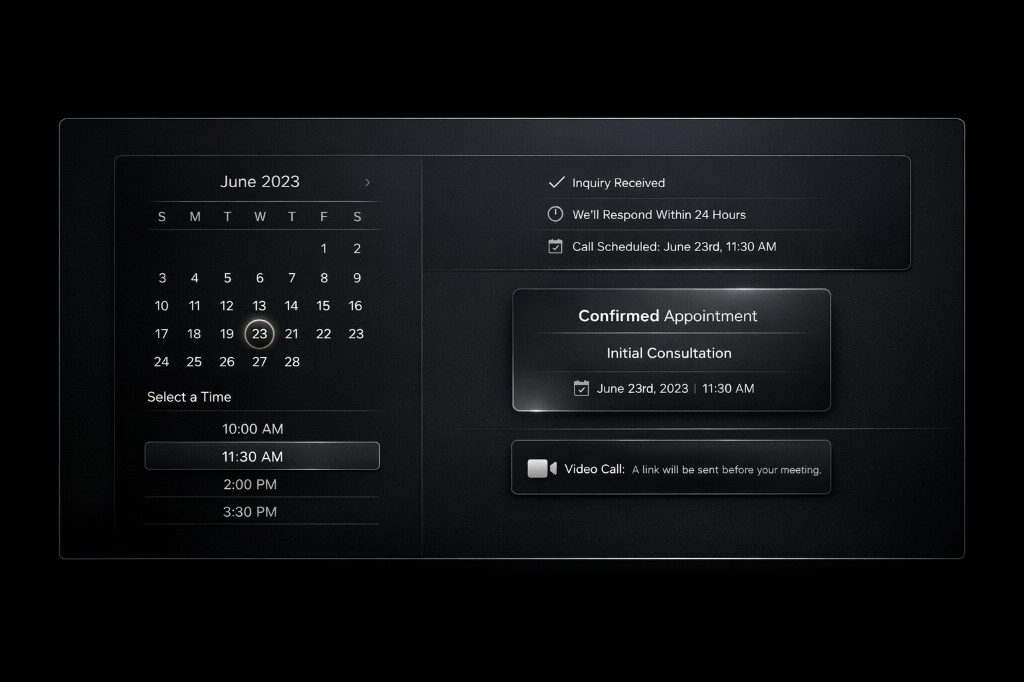 Oberfläche zur Terminwahl und Bestätigung eines kostenlosen Erstgesprächs mit Kalender und Videocall-Hinweis