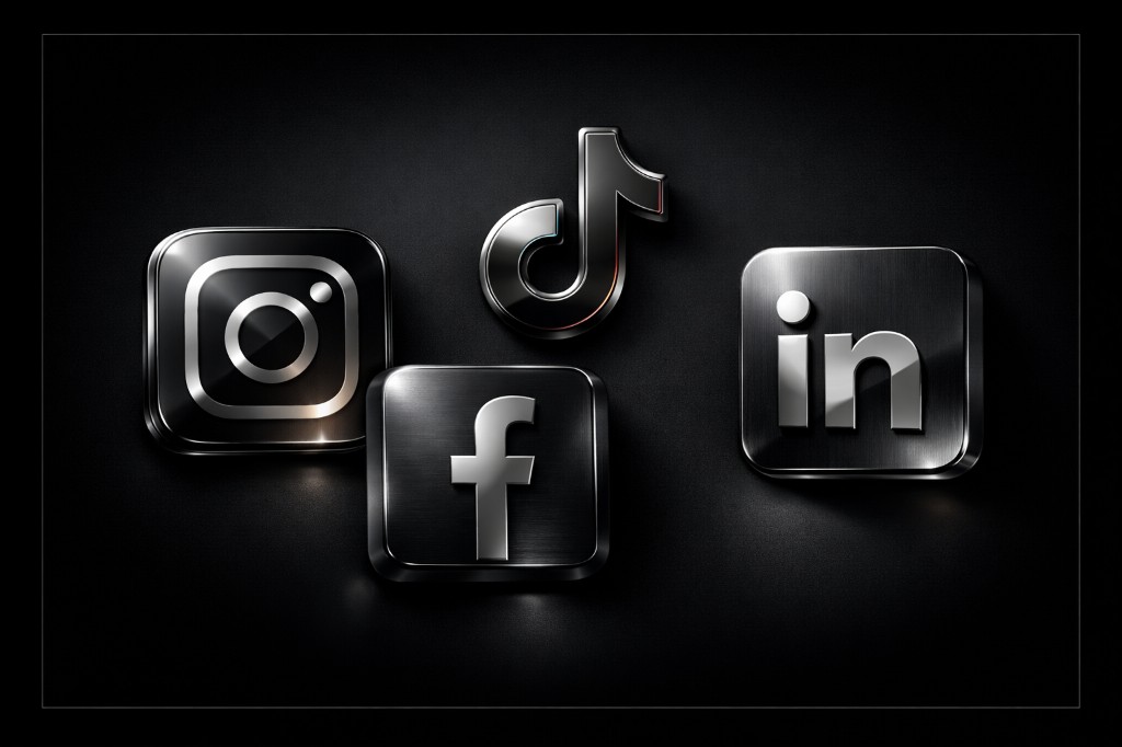 Social-Media-Kanäle: Instagram, TikTok, Facebook und LinkedIn als stilisierte Icons