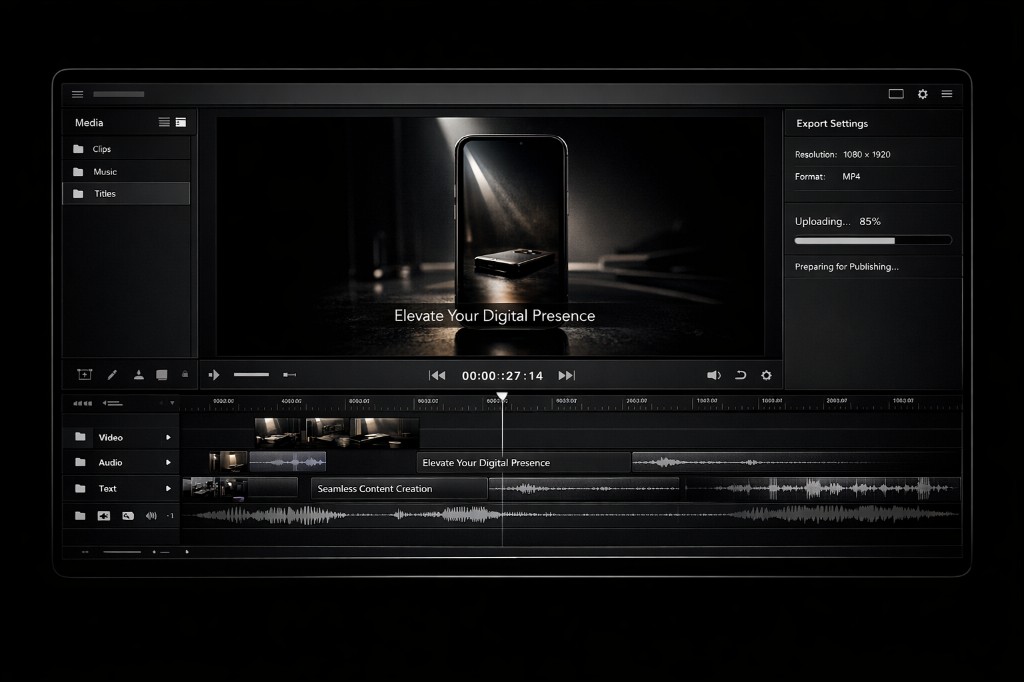 Video-Schnittsoftware: Timeline, vertikales Social-Video in der Vorschau und Export für Publishing