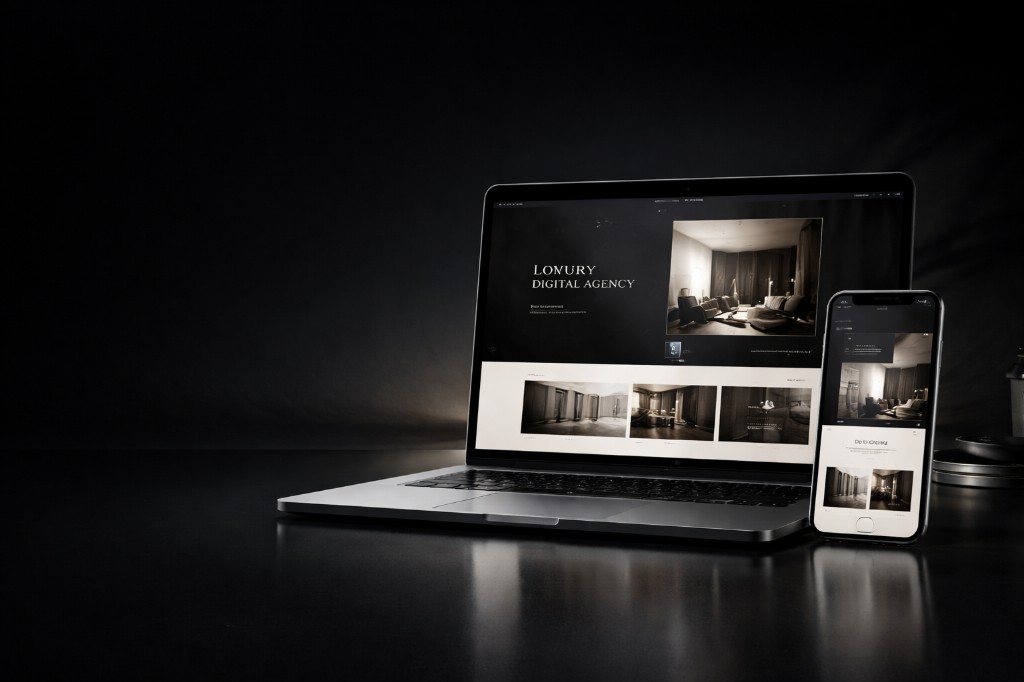 Laptop und Smartphone mit responsiver Website auf dunkler Oberfläche