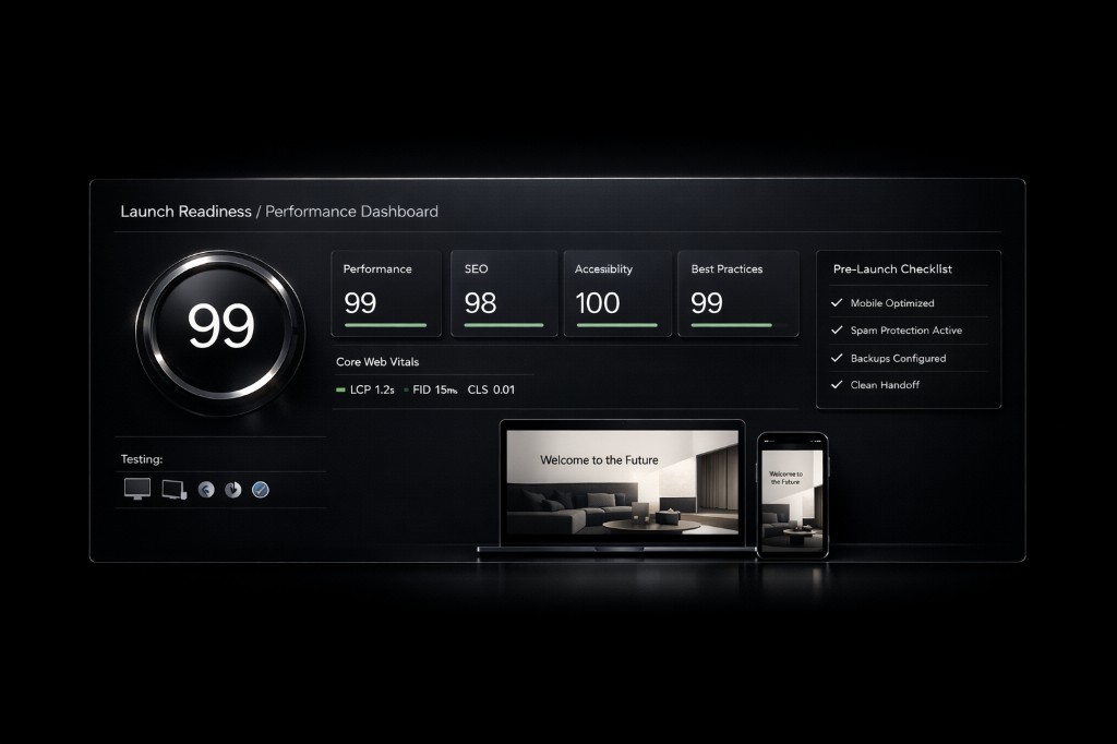 Performance-Dashboard mit Scores für SEO, Barrierefreiheit und Core Web Vitals sowie Pre-Launch-Checkliste